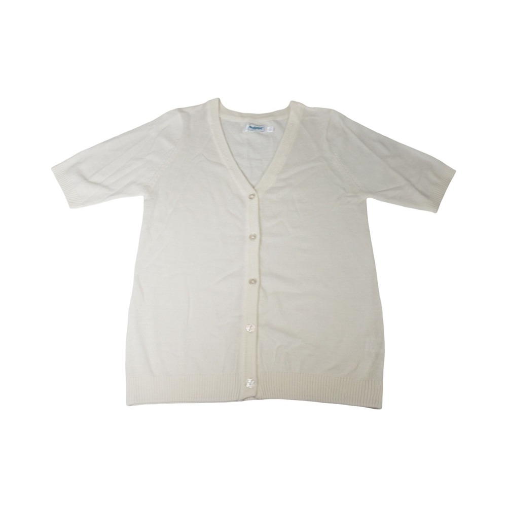 National Vintage Womens Cream White Short Sleeve V-Neck Button Sweater S
